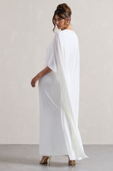 White Draped Maxi Dress With Cape Sleeves